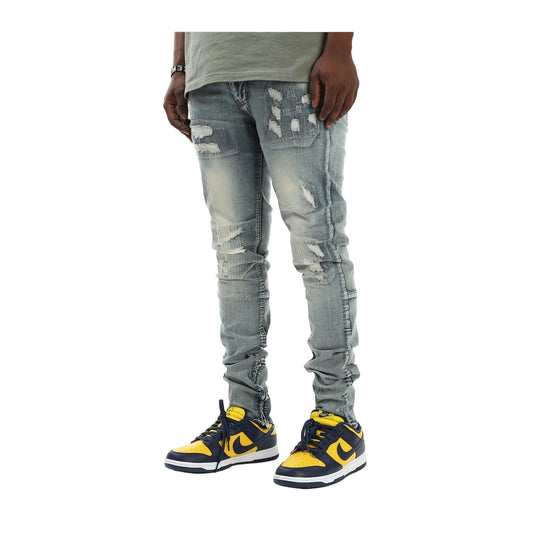 KDNK All-Over Stitch Ankle Zip Denim — Light Blue — view 2