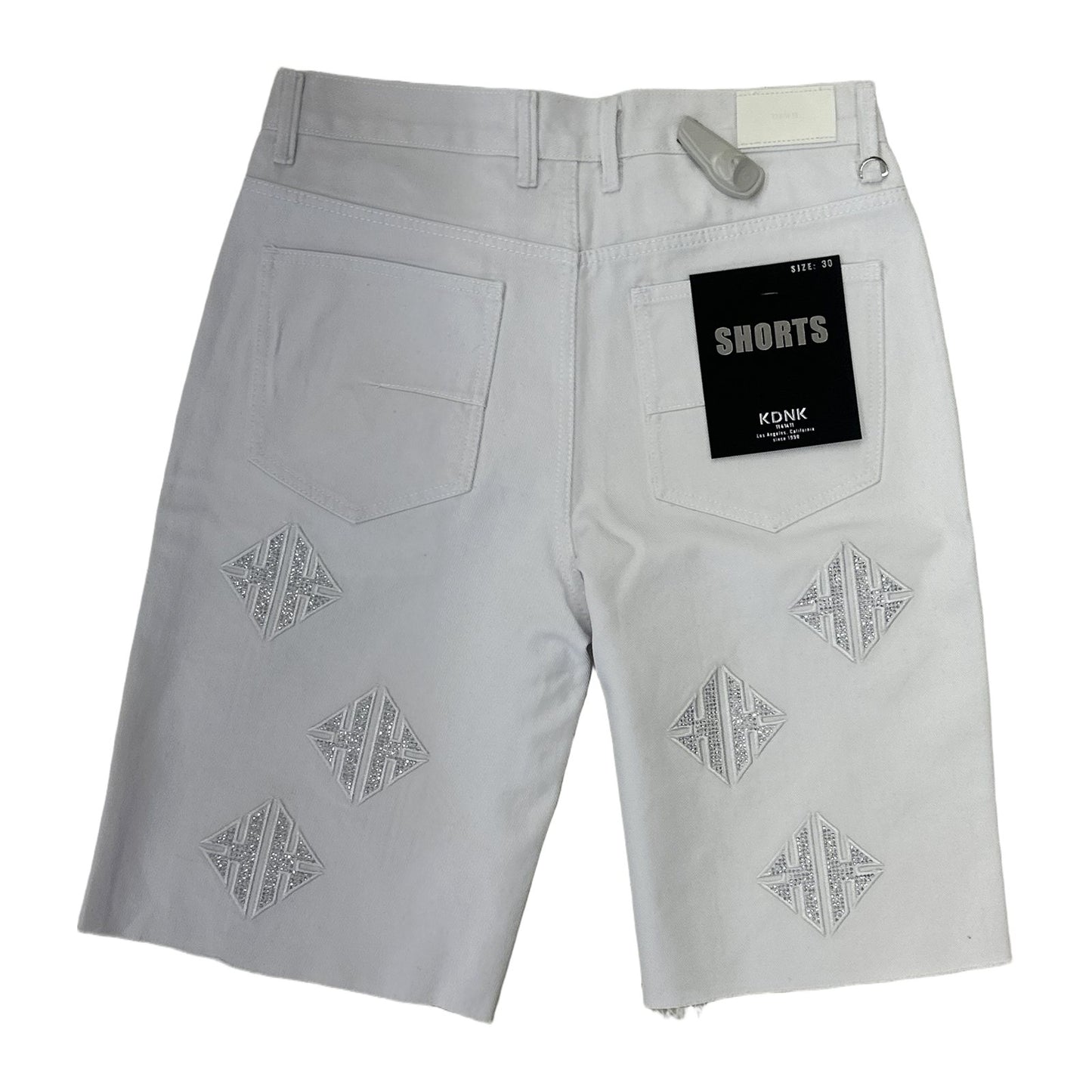 KDNK Rhinestone Diamond Denim Short — White, view 2