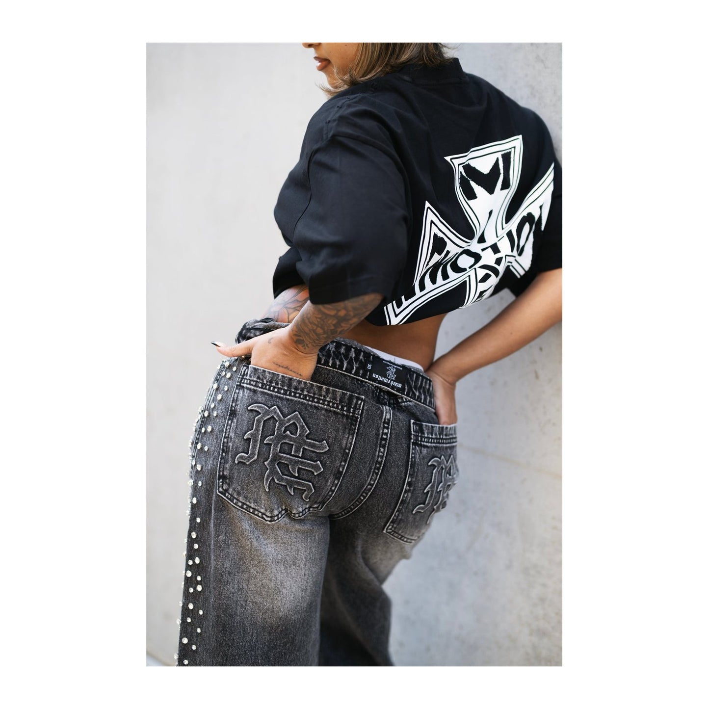 Mixed Emotion Rhinestone Jean — Marbled Black