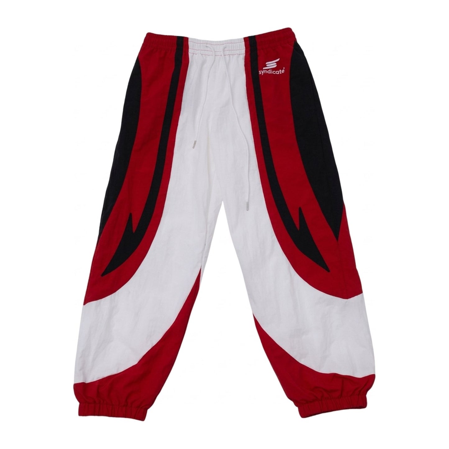 Syndicate nylon pant in white, red and black with elastic cuffs and a drawstring waist