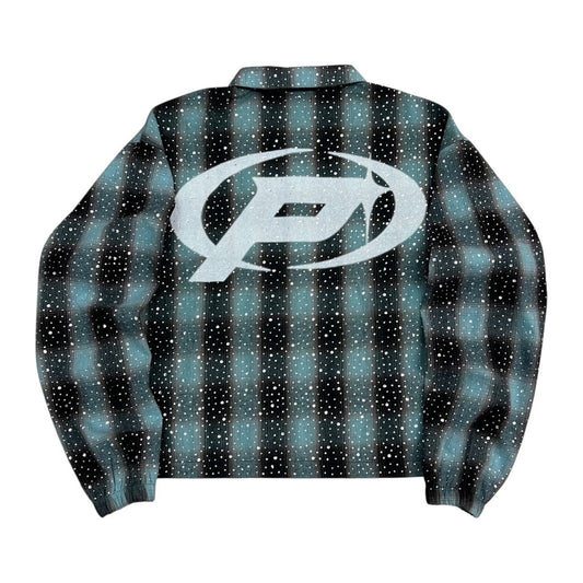 Prestige Rhinestone Shadow Plaid Flannel Shirt — Blue