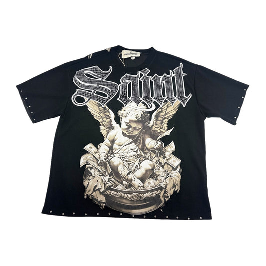 RARECOMMON "Saint" Rhinestone Cherub Tee — Black