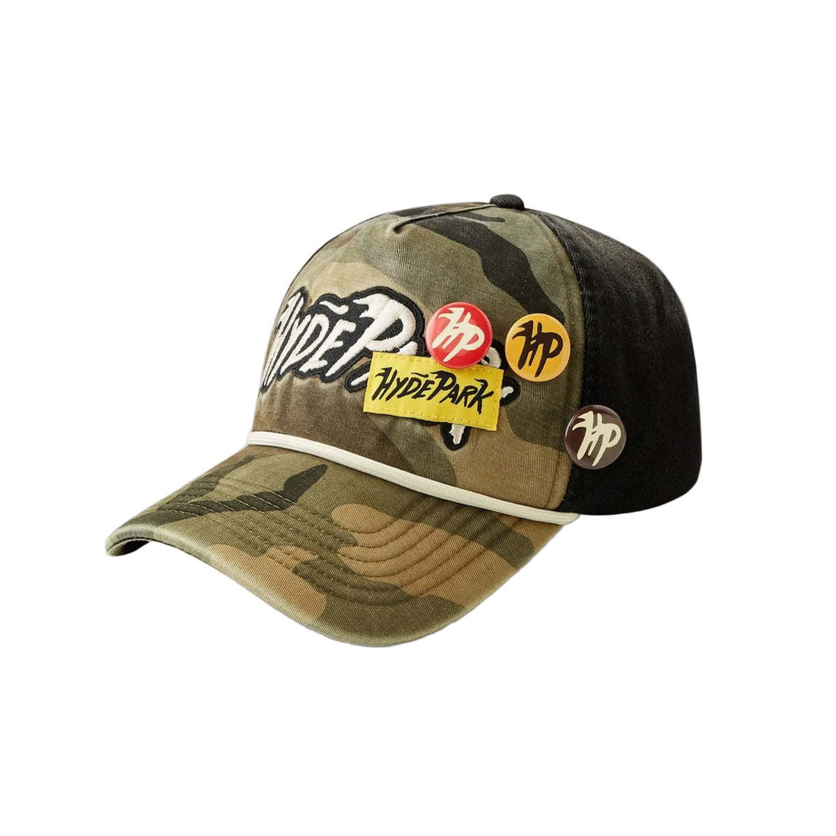 Hyde Park Ash Fault camo denim cap with enamel pins