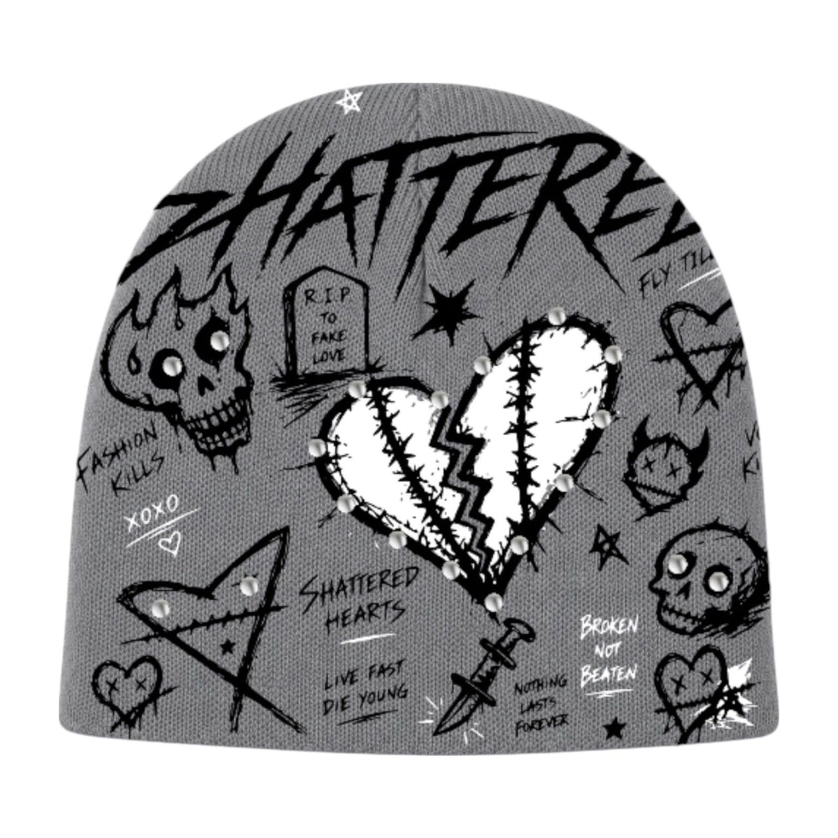 Shattered Hearts Graffiti Beanie — Grey