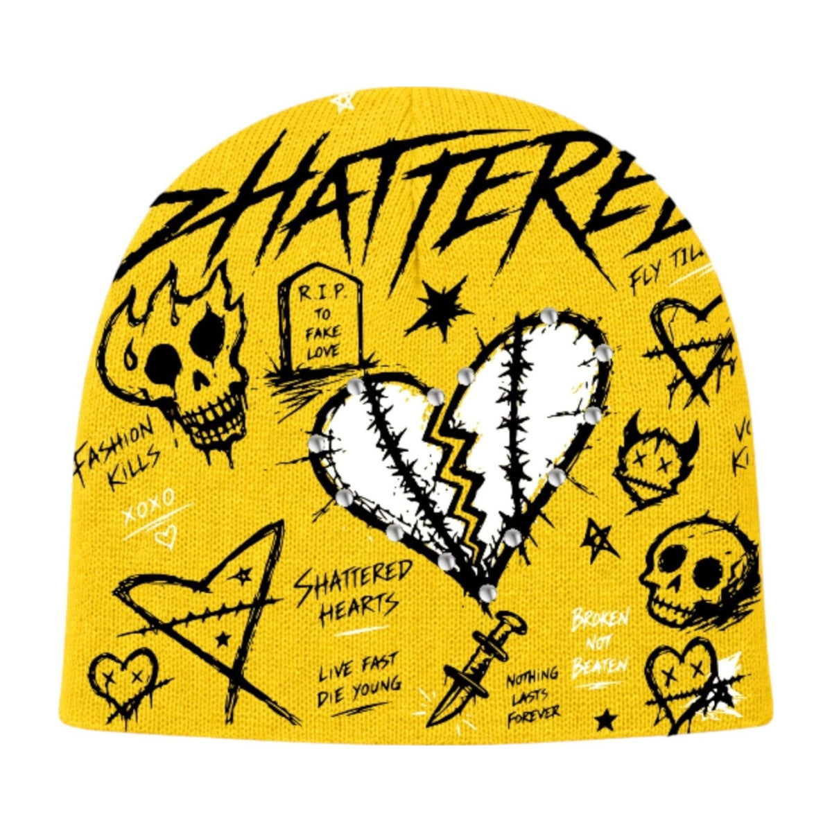 Shattered Hearts Graffiti Beanie — Yellow