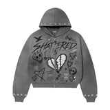 Shattered Hearts Zip-Up Hoodie — Grey