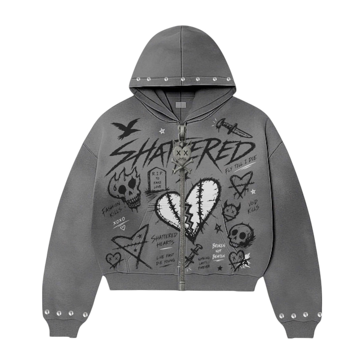 Shattered Hearts Zip-Up Hoodie — Grey