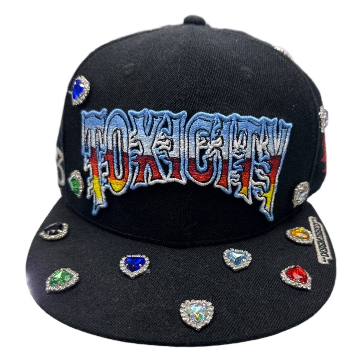 toxicity rhinestone hearts black hat
