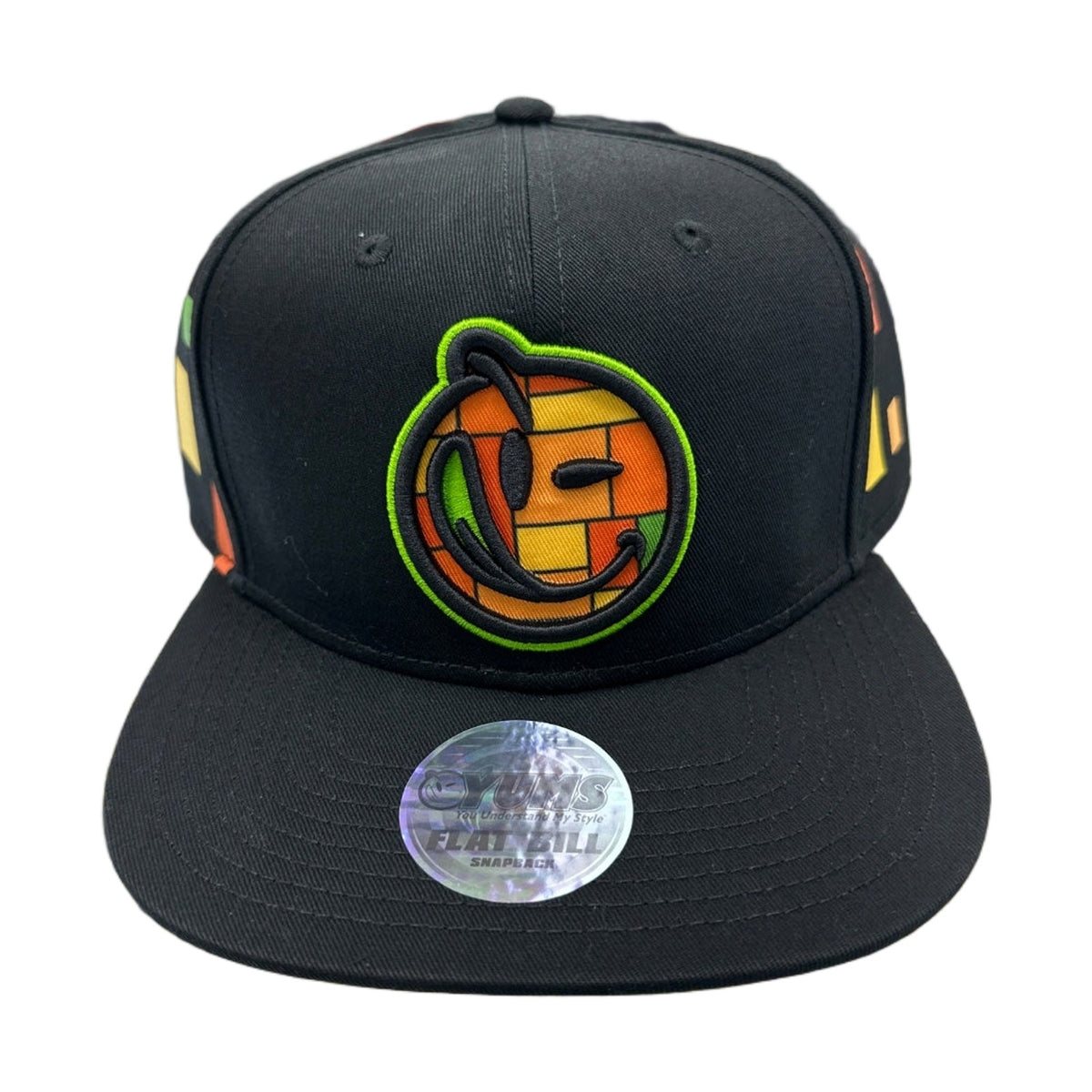 Yums flat bill snapback in black with the face logo in orange and yellow blocks