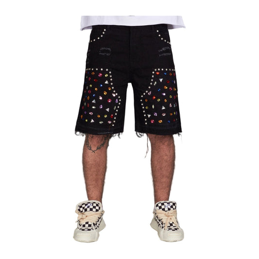 Politics Leo 500 rhinestone denim short in jet black