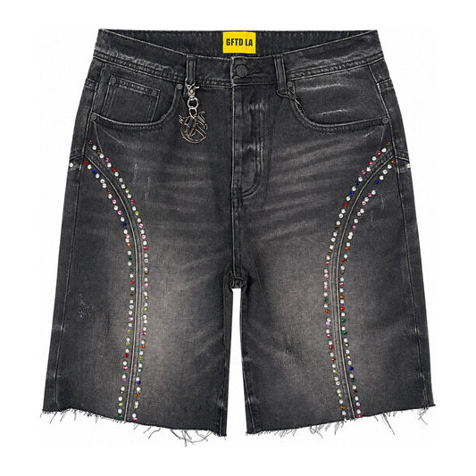 GFTD LA Fisk rhinestone jorts in black wash, front view