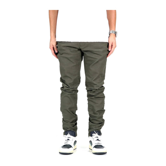 Kleep Rosemont skinny twill pant in olive, worn front view