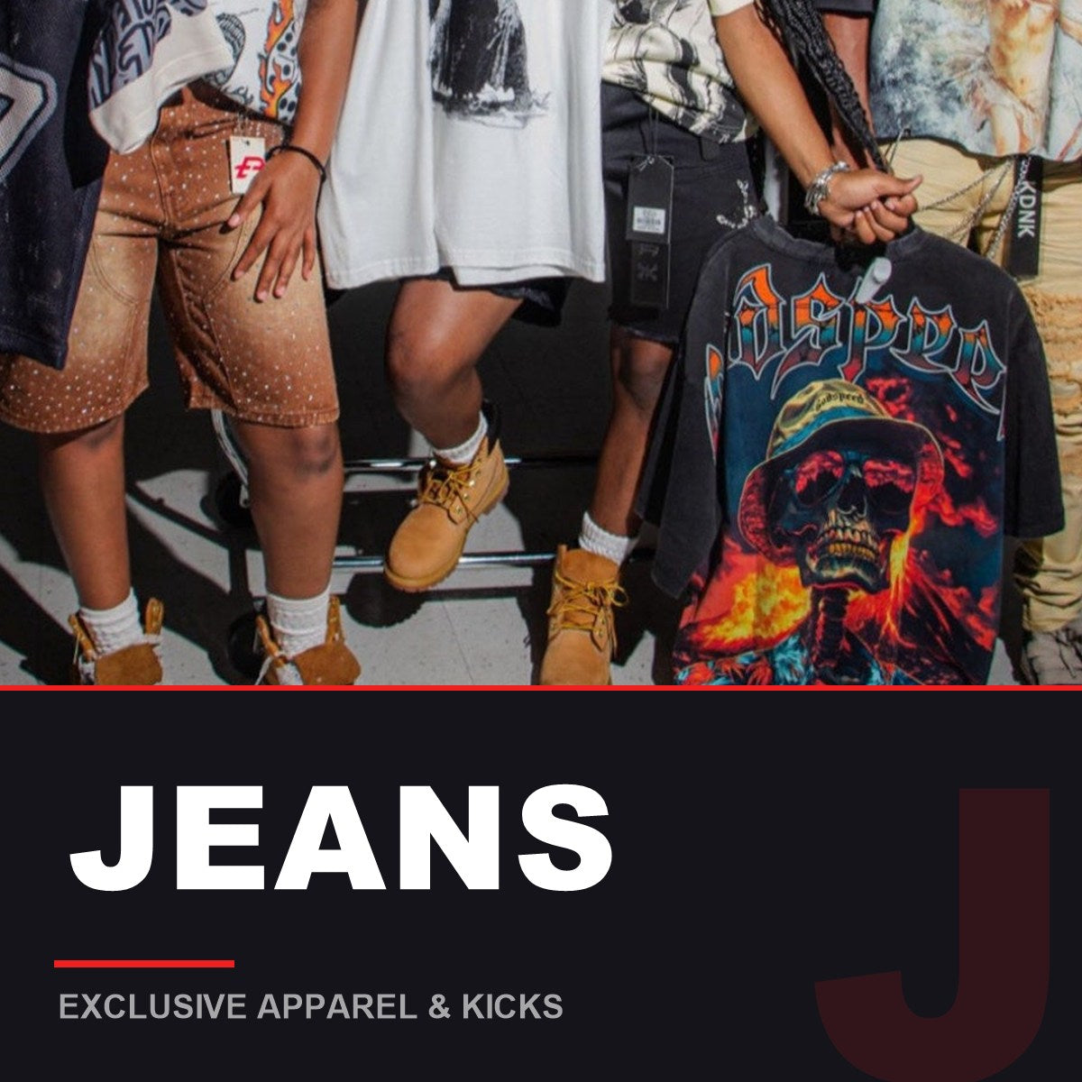Jeans and denim shorts styled with Timberlands at Exclusive Apparel & Kicks
