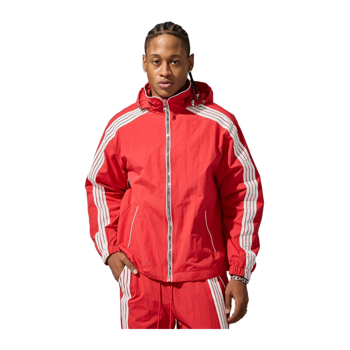 Jordan Craig Velocity nylon track set, Red, jacket and pants on model