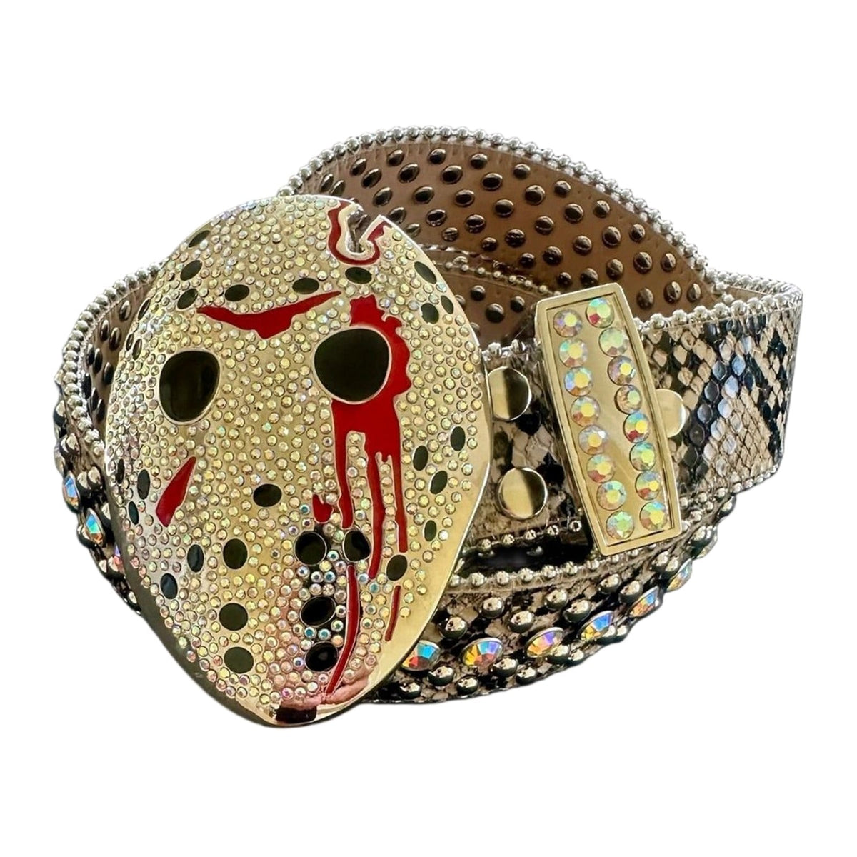 Post Human Mask Off crystal belt, snakeskin strap with mask buckle