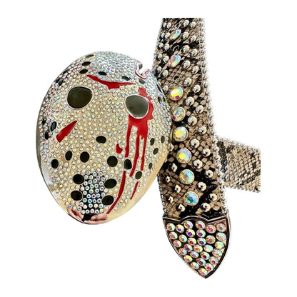 Post Human Mask Off crystal belt, snakeskin strap with mask buckle