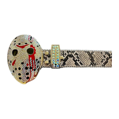 Post Human Mask Off crystal belt, snakeskin strap with mask buckle