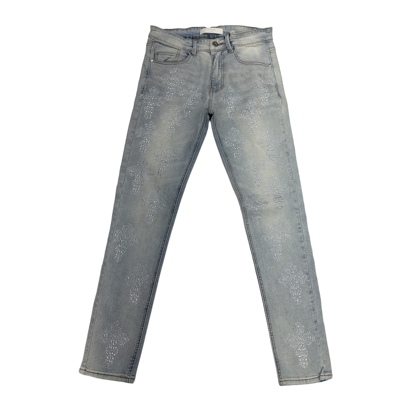 KDNK Rhinestone Skinny Jean — Light Blue Acid Wash