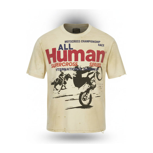 ALL HUMAN "Supercross Series" Racing Tee — Beige - ghost mannequin