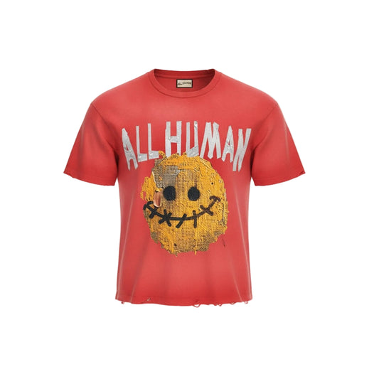ALL HUMAN "Yellow Smiley" Tee — Red - ghost mannequin