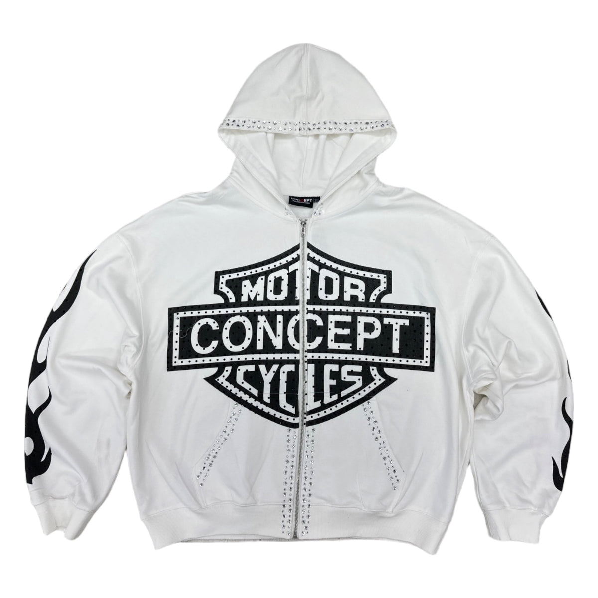 Concept LA white Motor Concept Cycles zip hoodie with a V-twin engine on the back