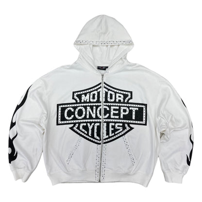 Concept LA white Motor Concept Cycles zip hoodie with a V-twin engine on the back