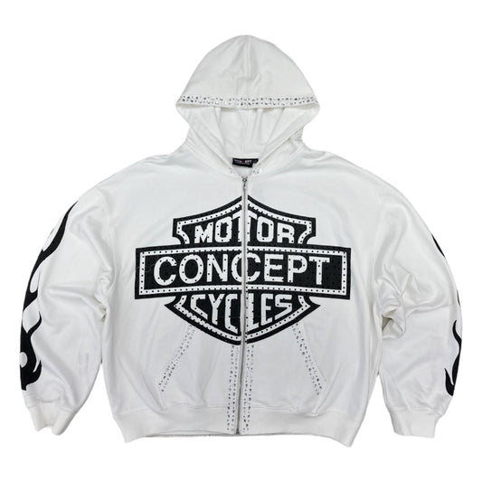Concept LA white Motor Concept Cycles zip hoodie with a V-twin engine on the back