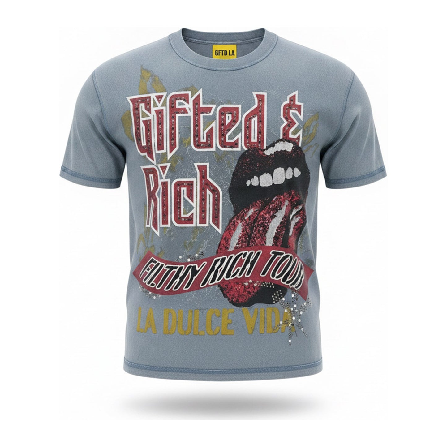 GFTD LA "Gifted & Rich" Filthy Rich Tour Tee — Washed Blue - ghost mannequin