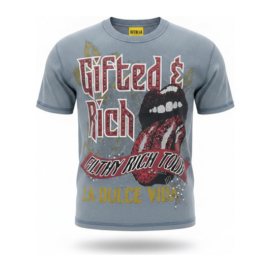 GFTD LA "Gifted & Rich" Filthy Rich Tour Tee — Washed Blue - ghost mannequin