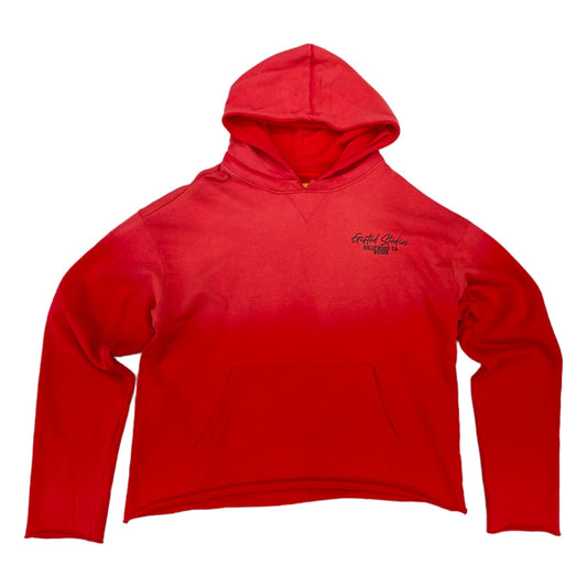 GFTD LA faded red hoodie with a burning globe on the back