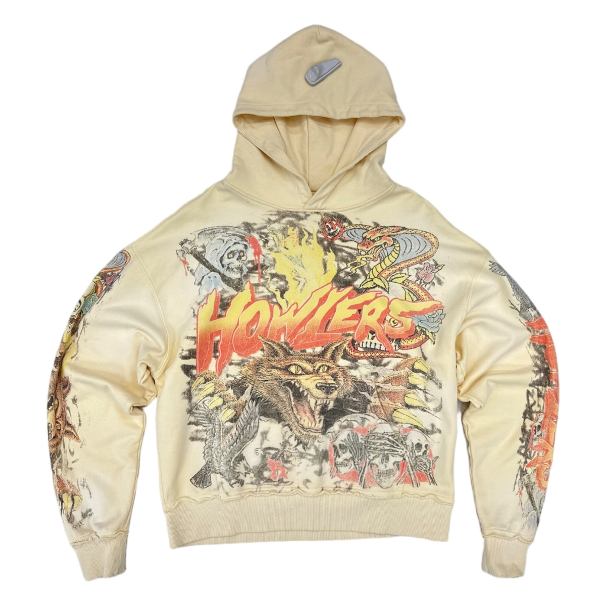 Howlers Club cream Wolf hoodie with flame lettering over monster art