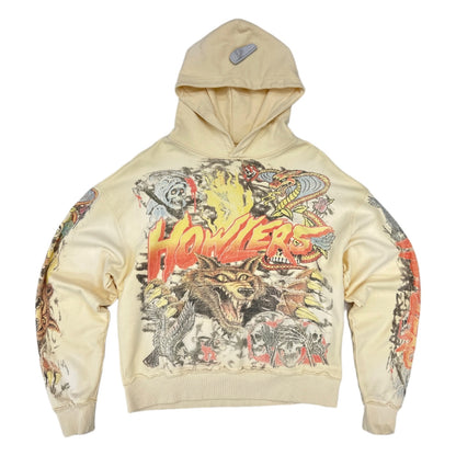 Howlers Club cream Wolf hoodie with flame lettering over monster art