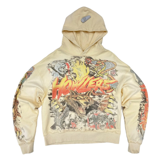 Howlers Club cream Wolf hoodie with flame lettering over monster art