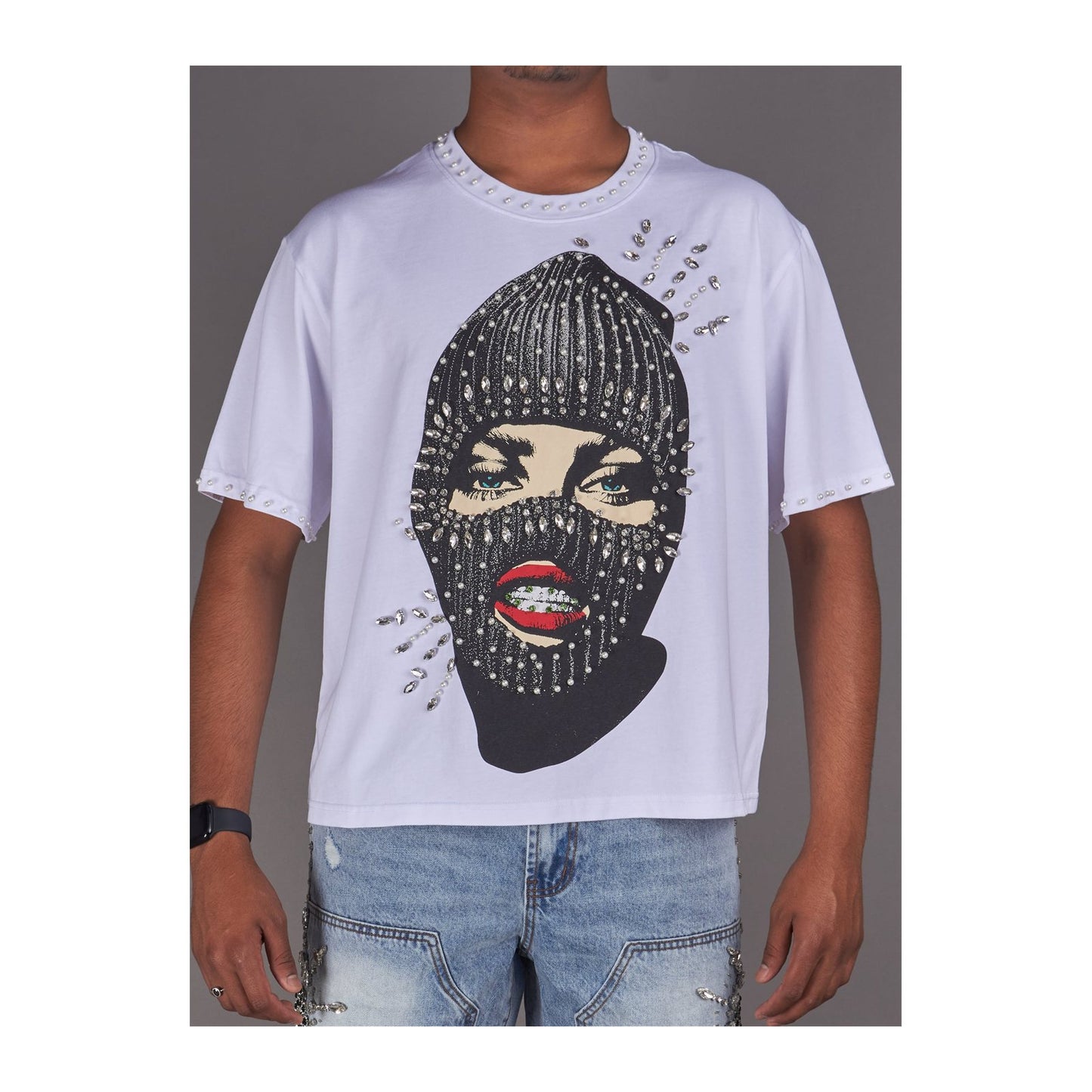 politics lew rhinestone ski mask tee white