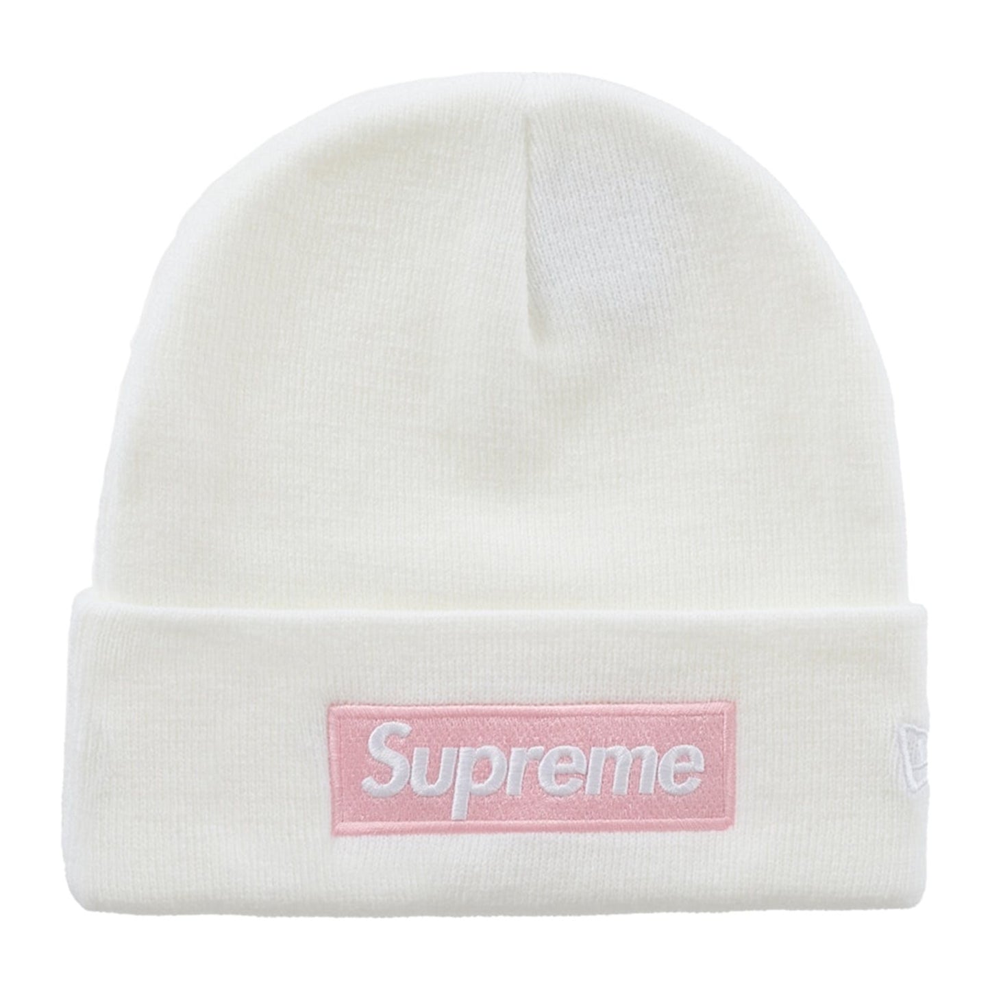 Supreme x New Era Box Logo Beanie — White/Pink