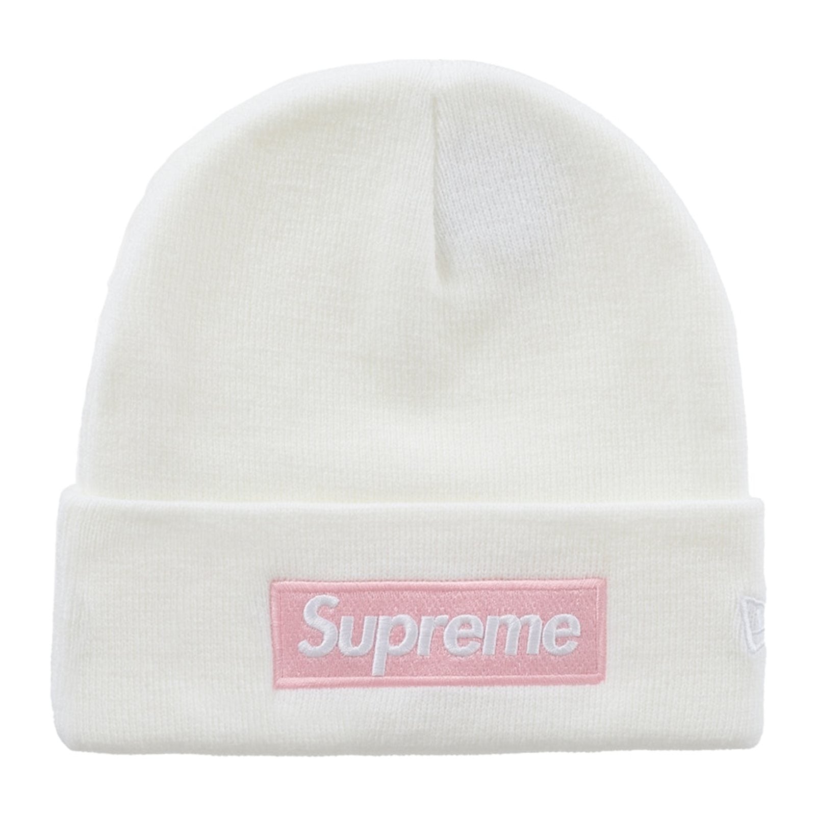 Supreme x New Era Box Logo Beanie — White/Pink