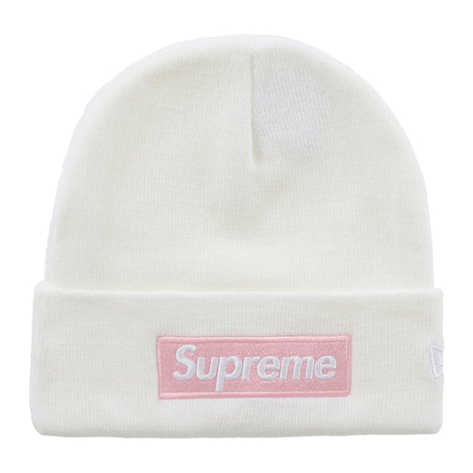 Supreme x New Era Box Logo Beanie — White/Pink