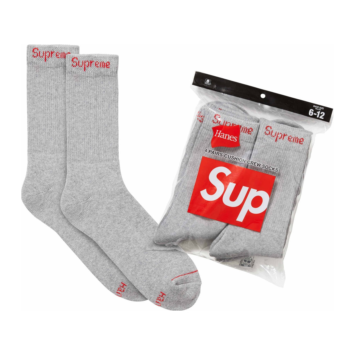 Supreme x Hanes Crew Socks — Heather Grey, 4-pack