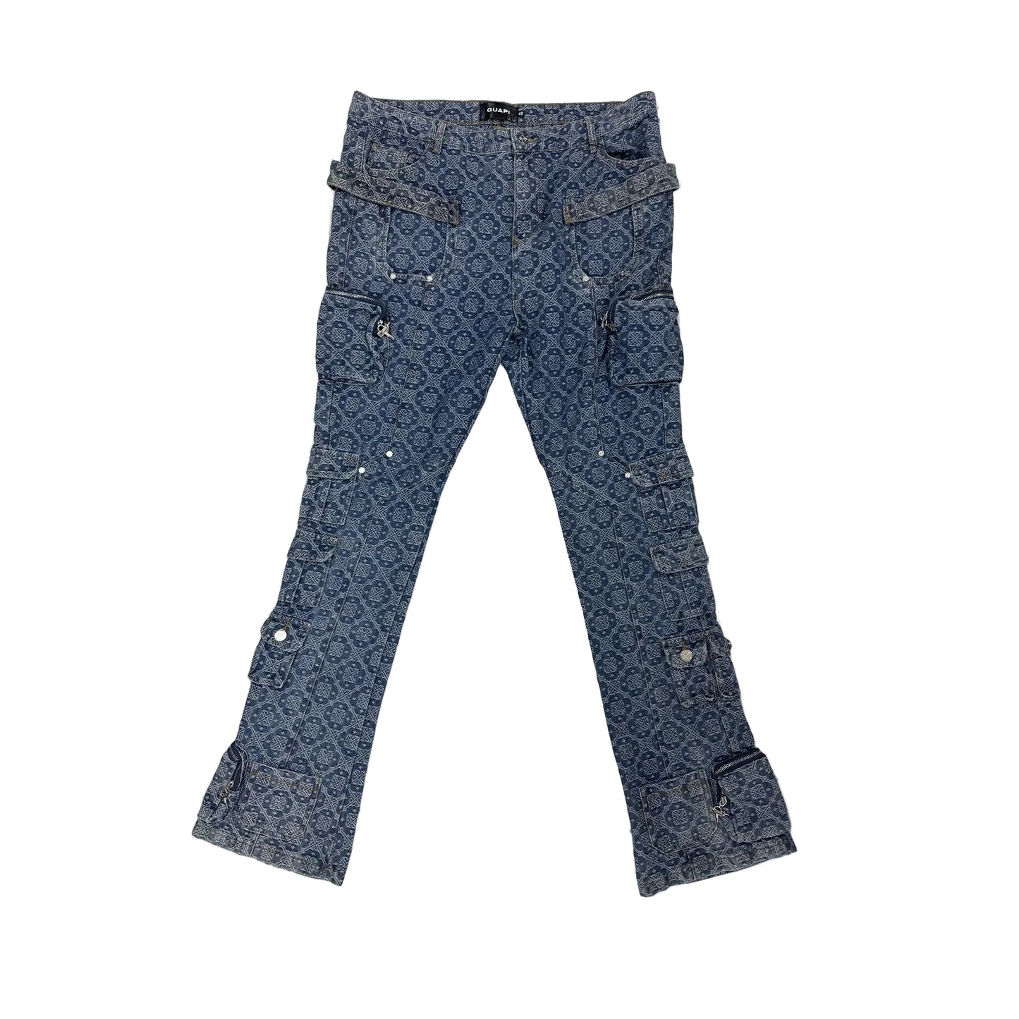 guapi monogram cargo flare jean blue