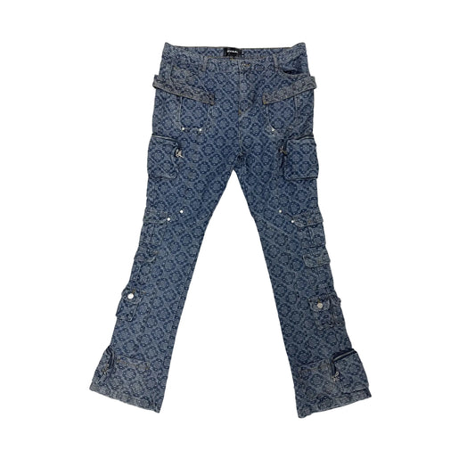 guapi monogram cargo flare jean blue
