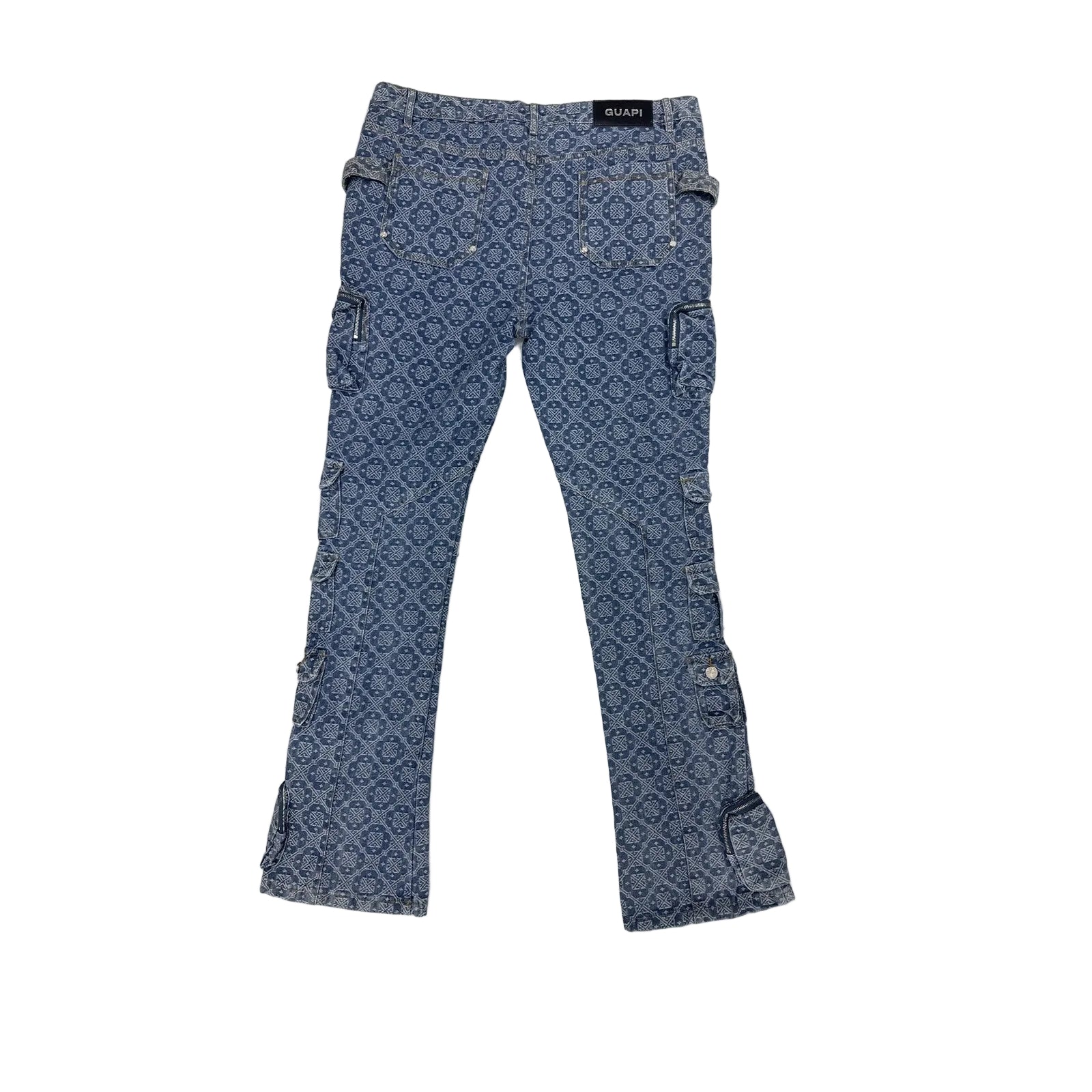 guapi monogram cargo flare jean blue