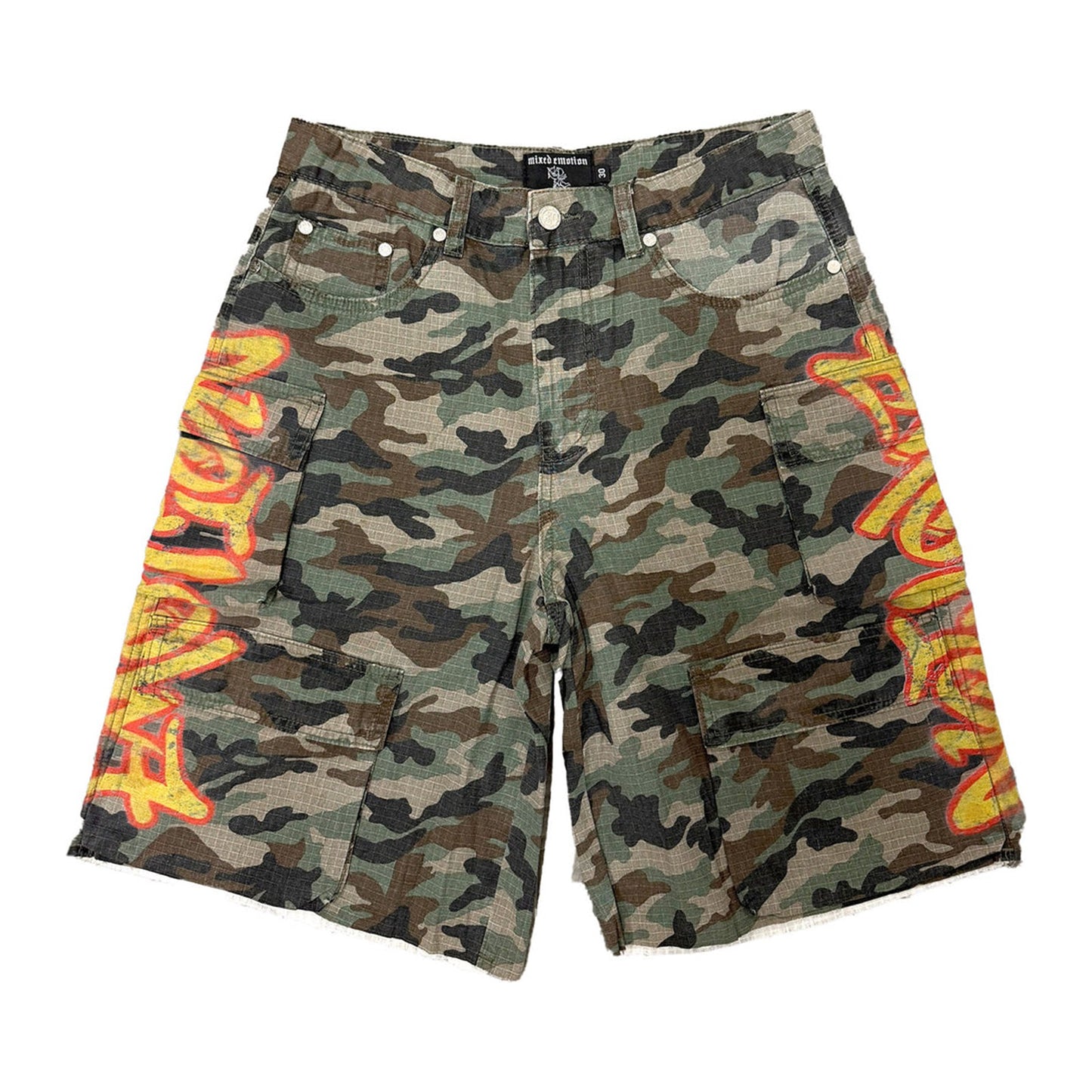 mixed emotion battle camo flame shorts