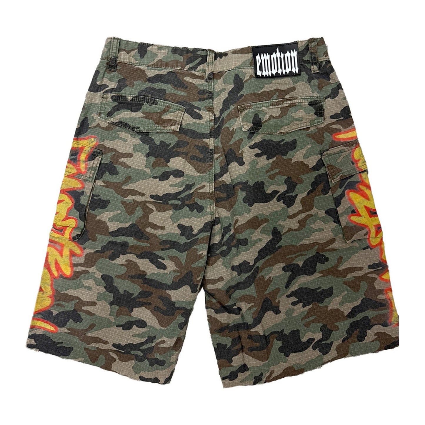 mixed emotion battle camo flame shorts