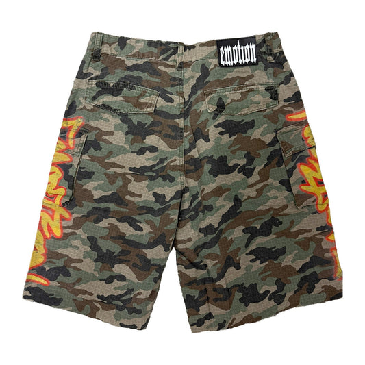 mixed emotion battle camo flame shorts