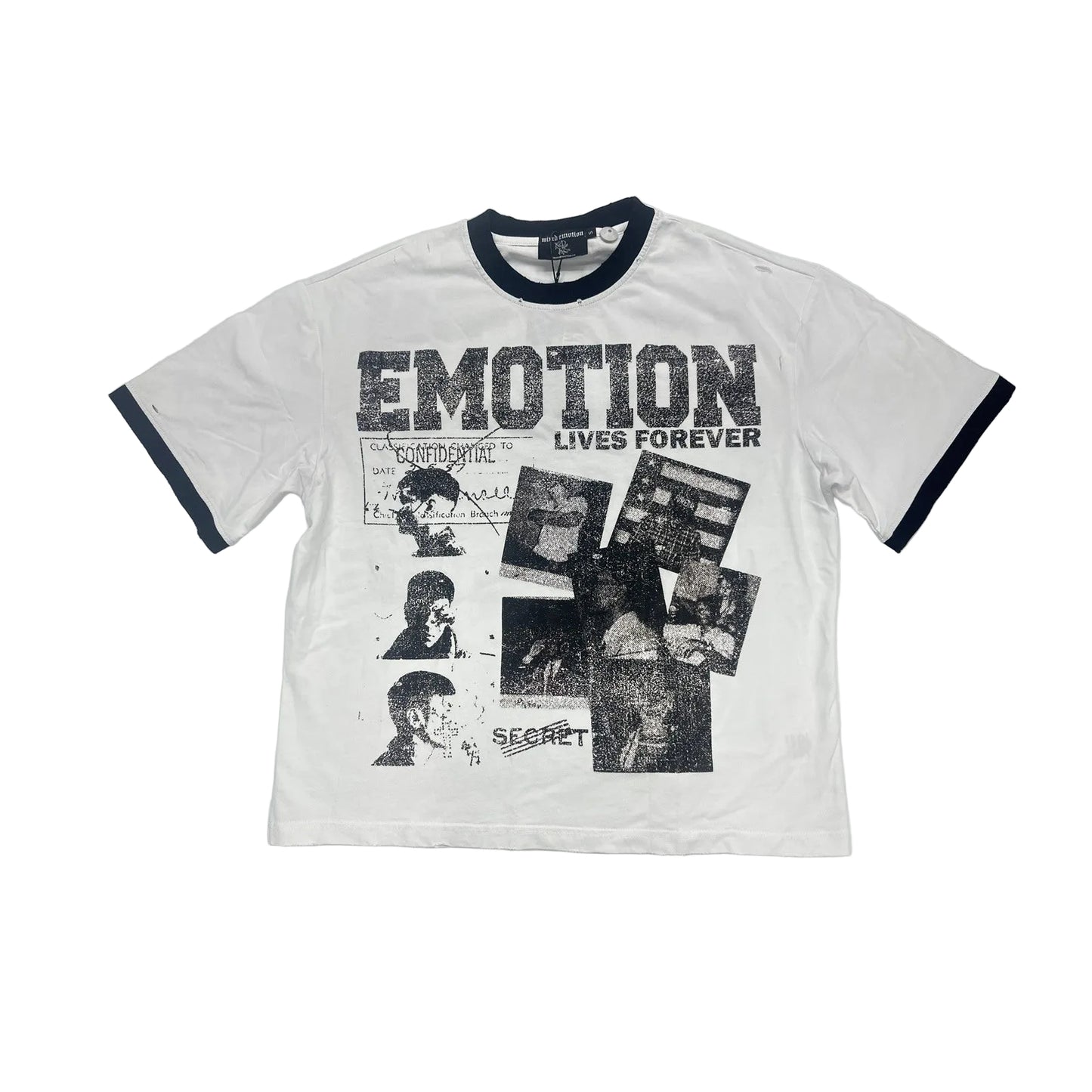 mixed emotion lives forever ringer tee white navy
