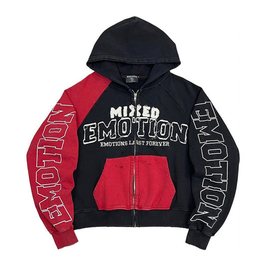 mixed emotion split decision zip hoodie black red