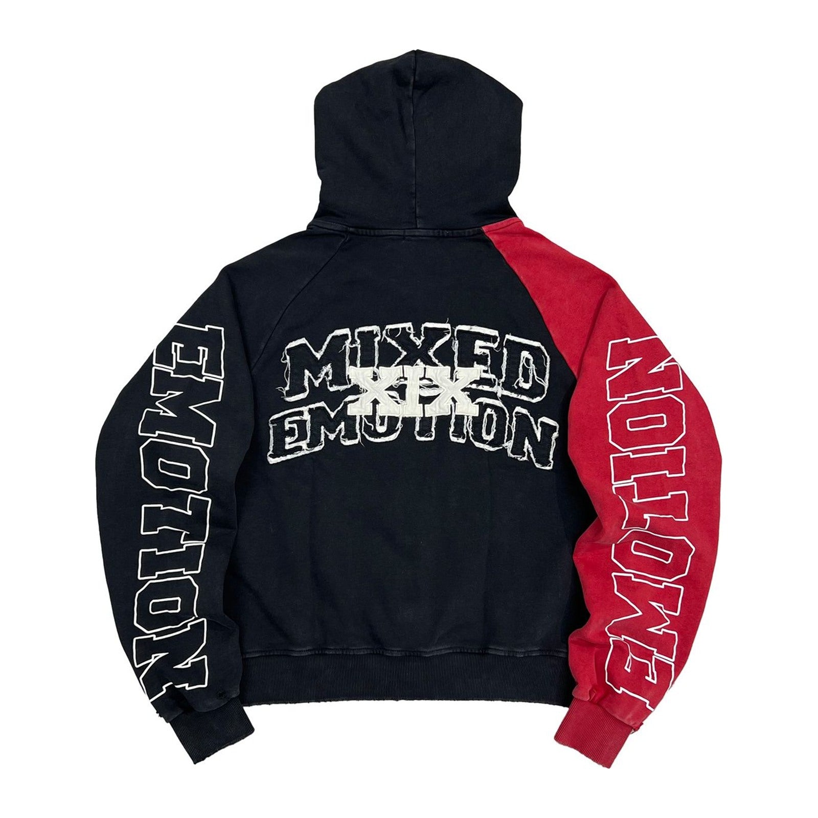 mixed emotion split decision zip hoodie black red