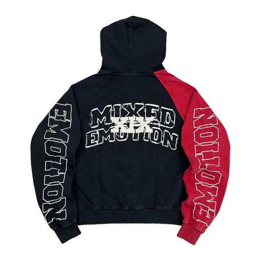 mixed emotion split decision zip hoodie black red