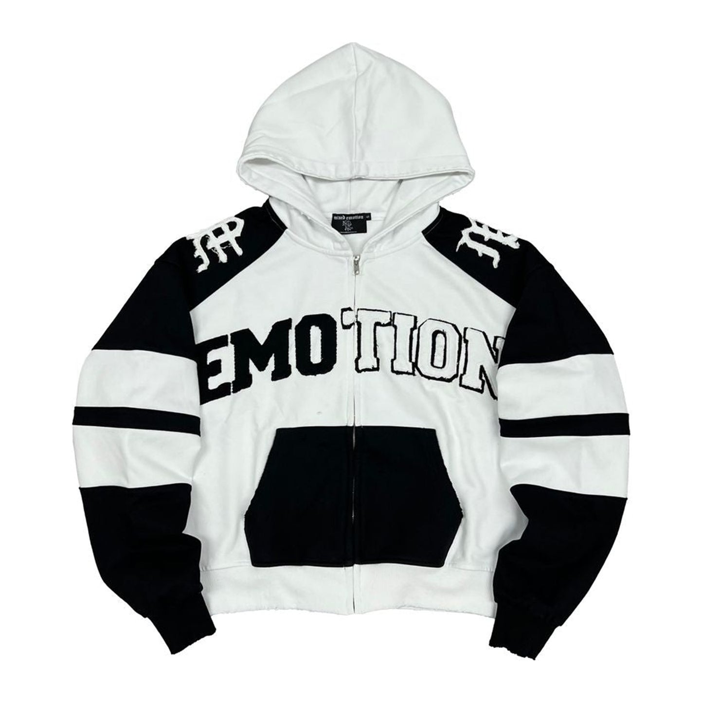 mixed emotion varsity zip hoodie white black