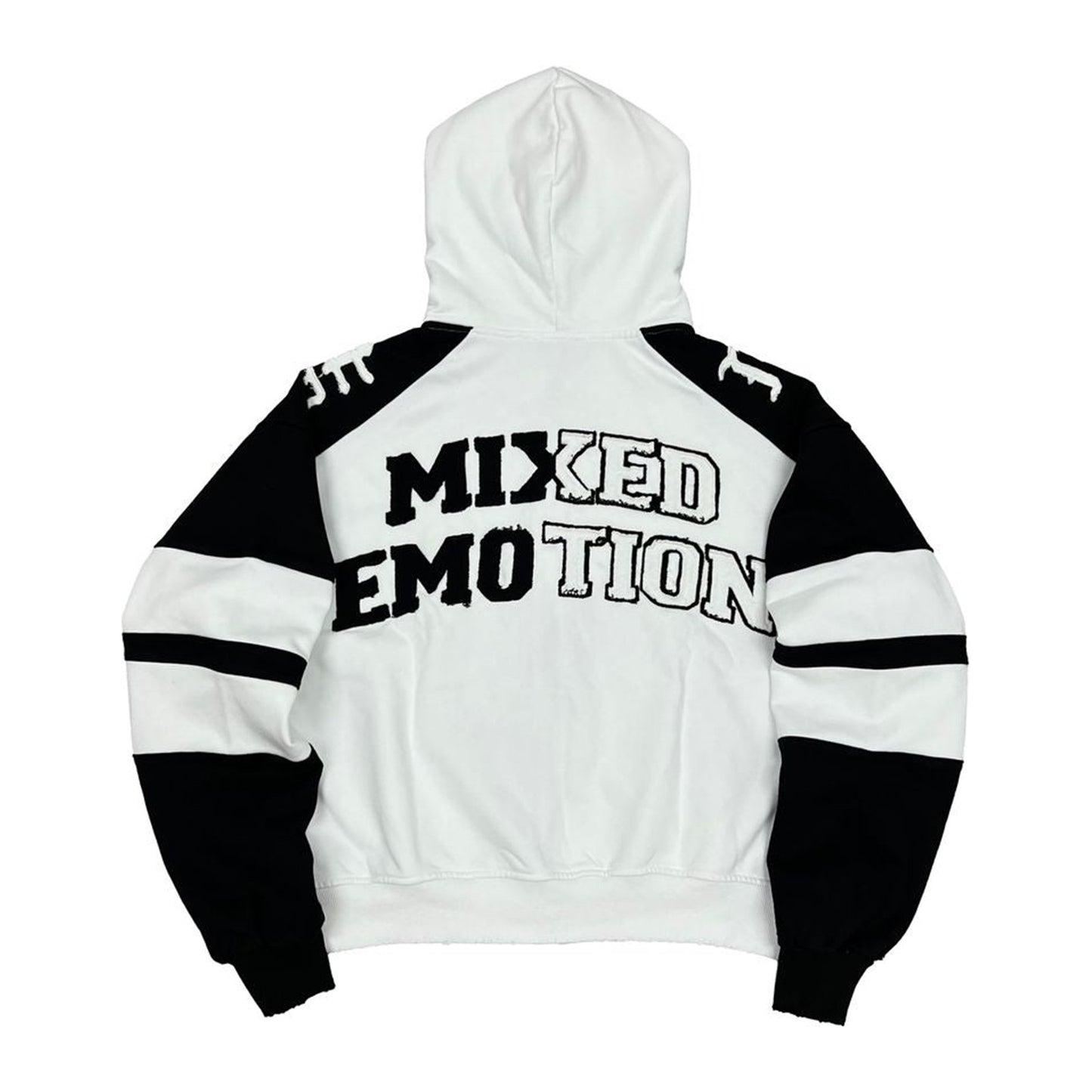 mixed emotion varsity zip hoodie white black